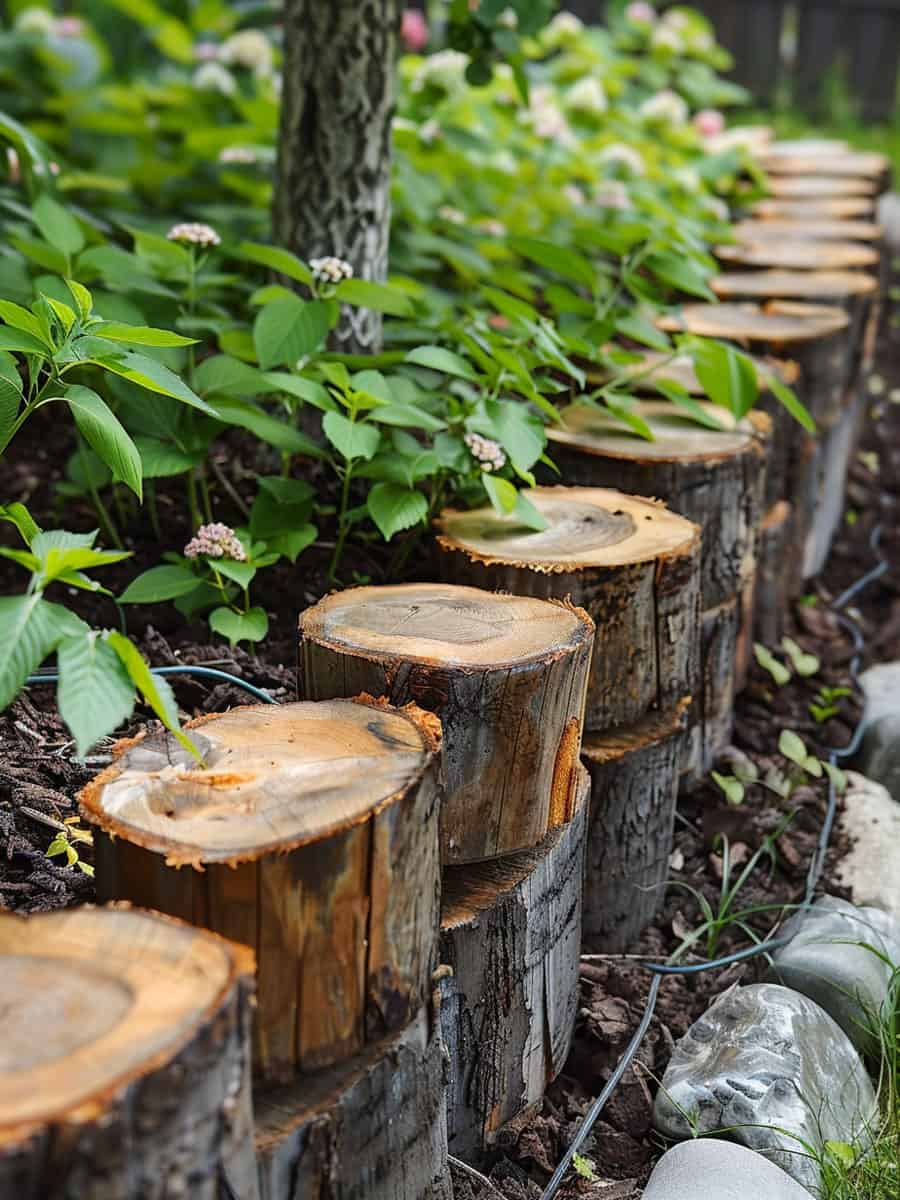 Logs used as garden edging by stacking each piece on top