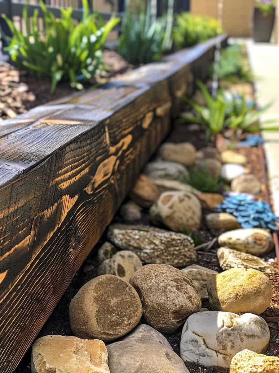 Stained timber used as garden edging