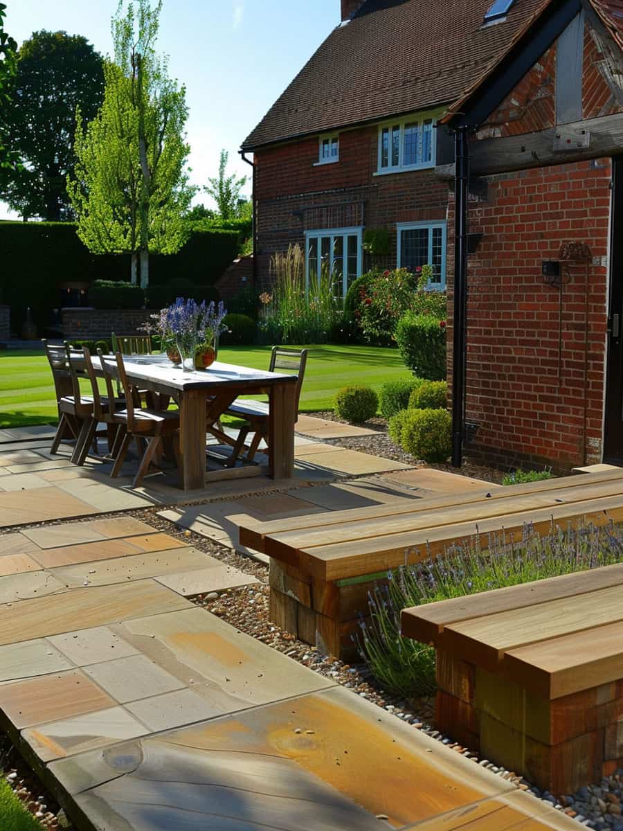 A beautiful garden patio utilizing lots of timber as edging and flooring