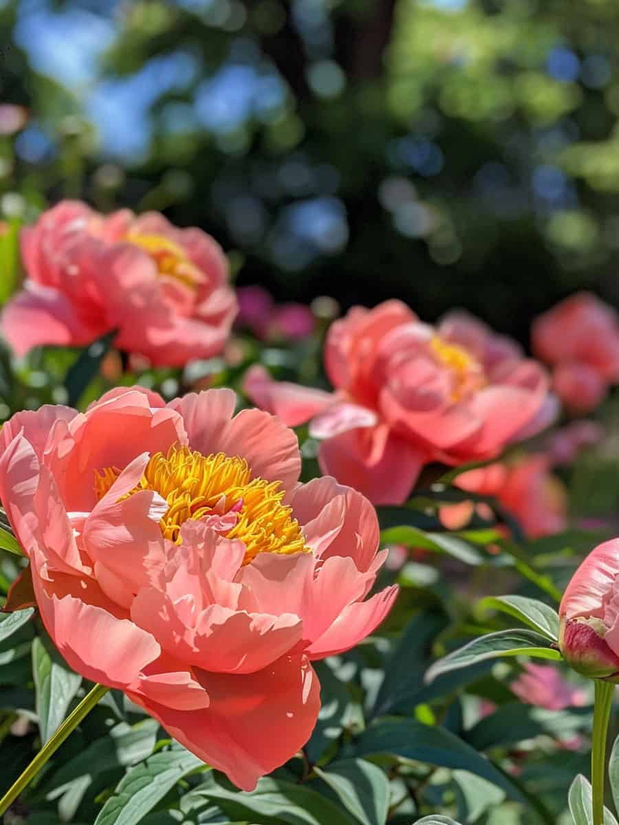 Bright coral colored leaves of a peony flower