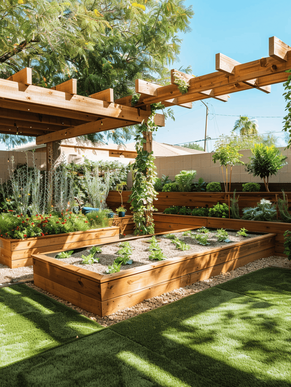 A gorgeous garden filled with planter boxes and lots of plants