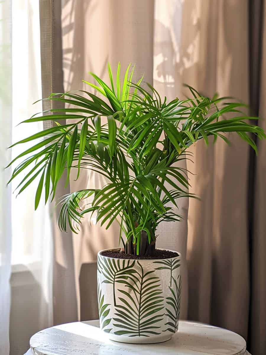 Parlor palm planted in a printed pot