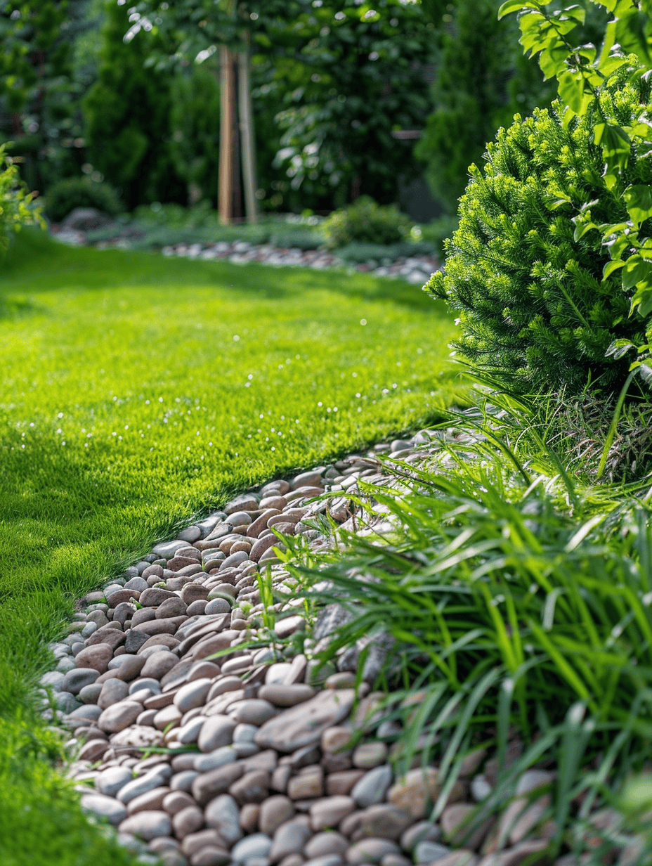 Garden with freshly cut grass and stones set as edging for the garden grass