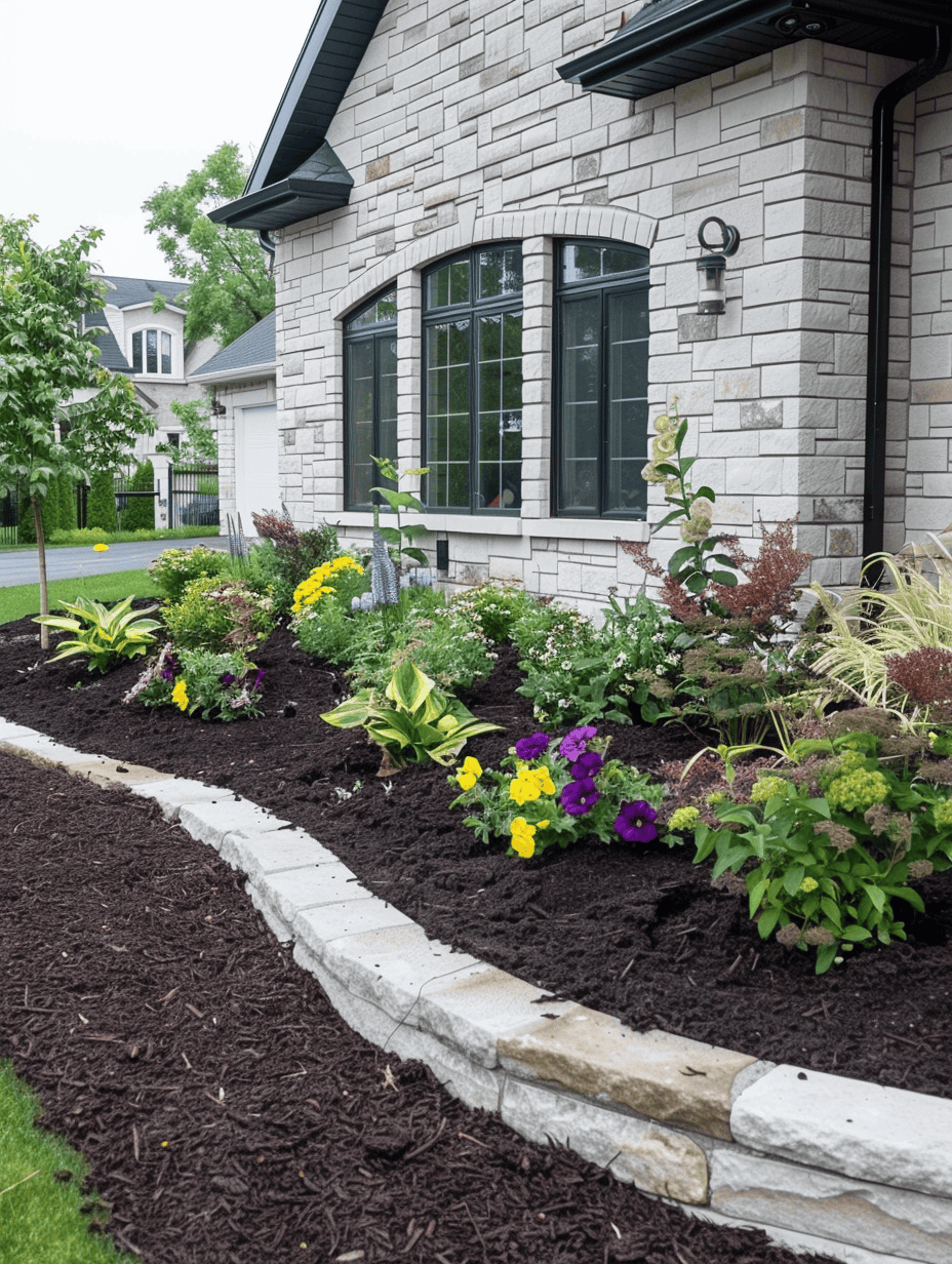 a neatly curated front yard garden with curved limestone borders, rich dark mulch, and an array of flowering plants