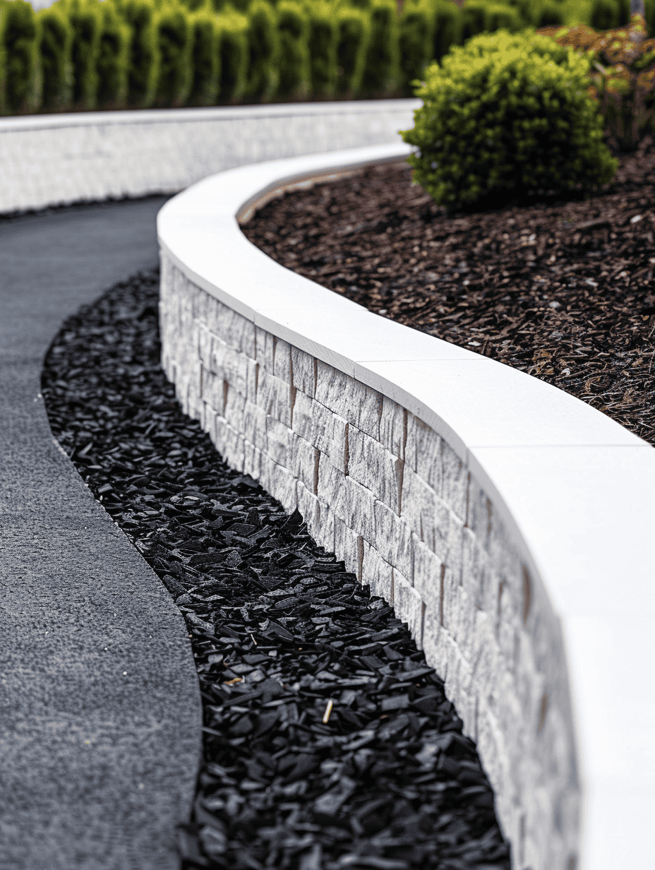 a neatly constructed retaining wall made of interlocking concrete blocks with a smooth white capstone