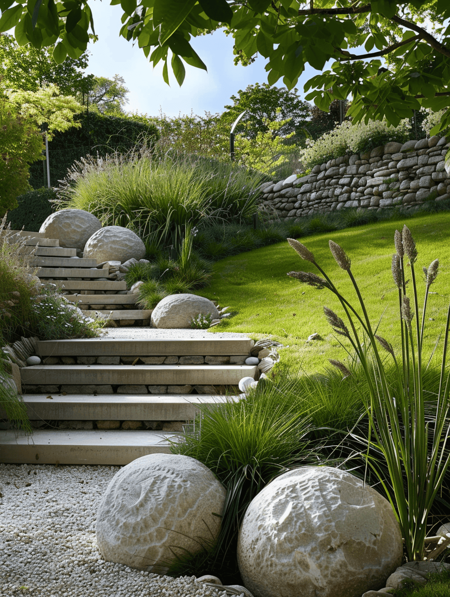 Round limestones used as edging for the garden and paired with stone rock stairs leading to a small hill in the garden