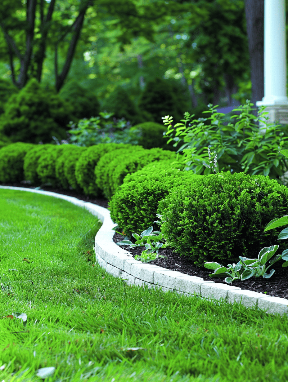 a curving garden edge using limestone with a crisp white border that neatly separates a row of lush green plants from the grassy lawn, highlighting an organized and well-maintained landscape