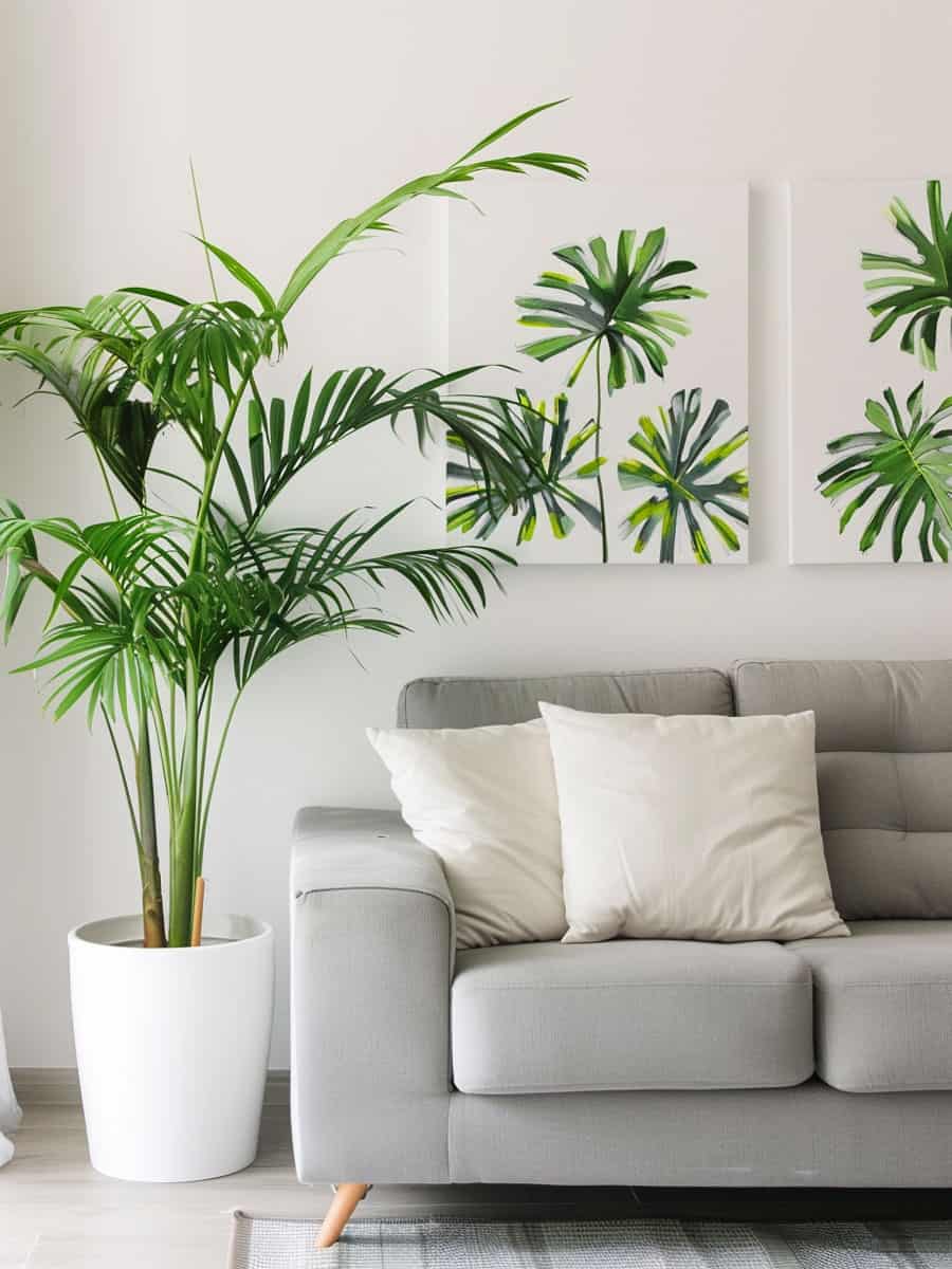 Beautiful parlor palm placed next to a gray sofa