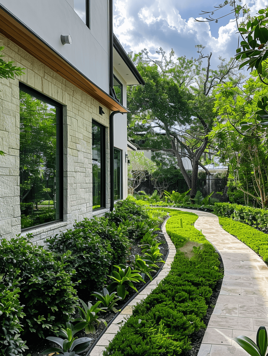 Garden of a house filled with juvenile bushes and limestone edges and Bermuda grass on the side