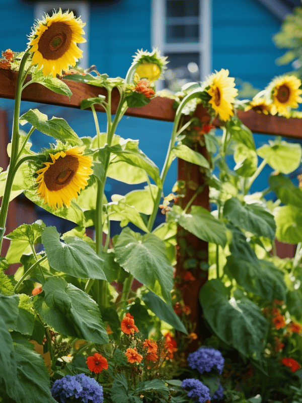 Sunflowers growing on a trellis
